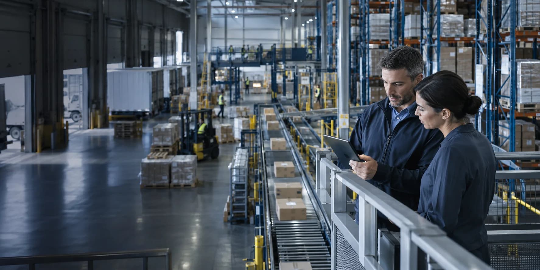 Distribution operations professionals reviewing warehouse activity from an elevated command point