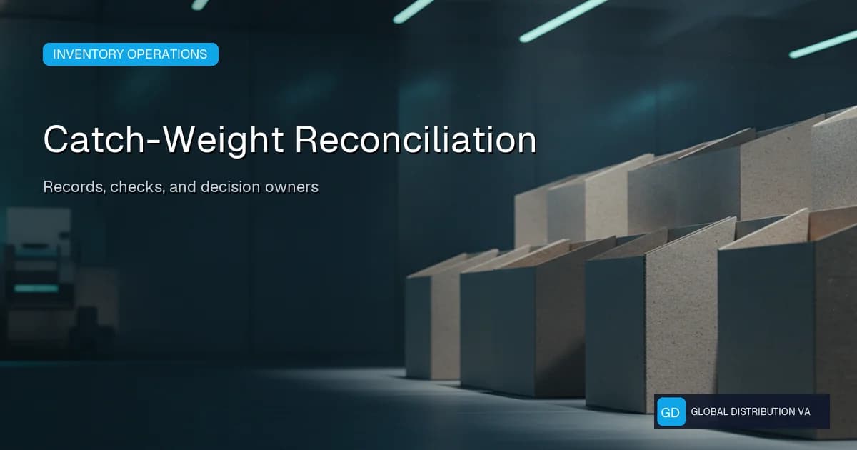 Distribution workflow illustration accompanying reconcile catch-weight receipts with supplier invoices